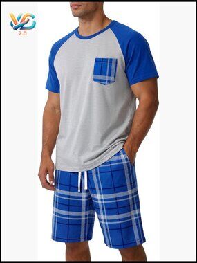 Mens Pajama Set Soft Short Sleeve Plaid 2 Piece Sleepwear Loungewear with